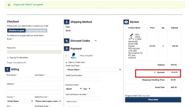 AmScope checkout page showing AmScope discount code box | Screenshot taken by SimplyCodes community member on May 22, 2020
