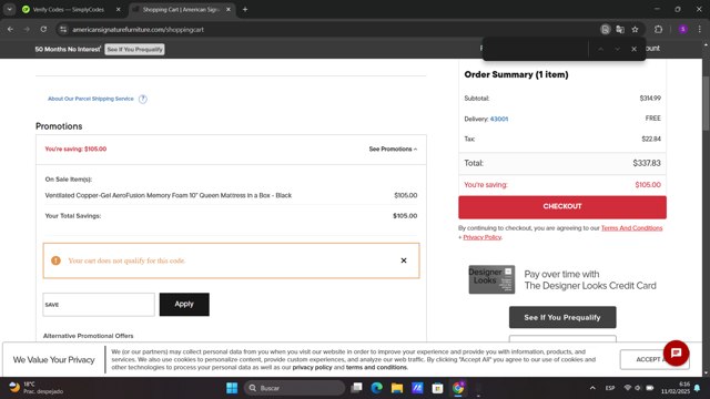 American Signature Furniture checkout page showing American Signature Furniture promo code box | Screenshot taken by SimplyCodes community member on Feb 11, 2025