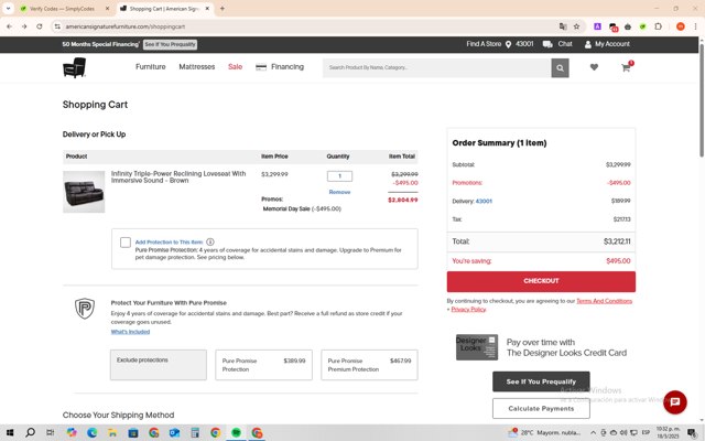 American Signature Furniture checkout page showing American Signature Furniture promo code box | Screenshot taken by SimplyCodes community member on May 19, 2025