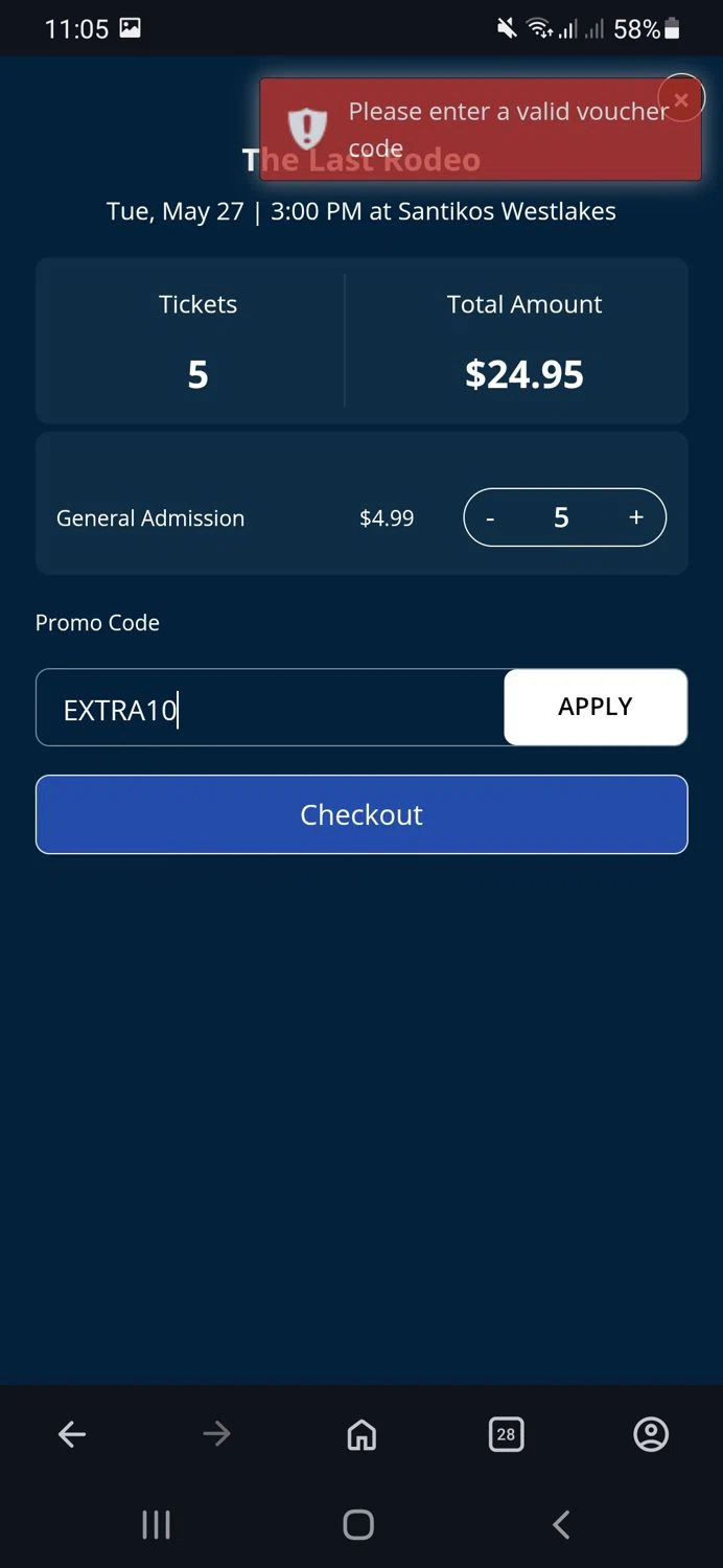 AmStar Cinemas promo code screenshot showing code EXTRA10 applied at AmStar Cinemas checkout page. Uploaded by SimplyCodes community member CouponSaver4196 on May 26, 2025