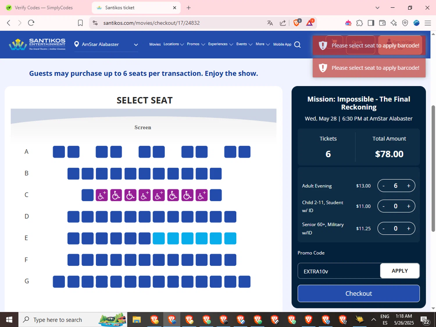 AmStar Cinemas promo code screenshot showing code EXTRA10 applied at AmStar Cinemas checkout page. Uploaded by SimplyCodes community member TokenPilot3367 on May 26, 2025