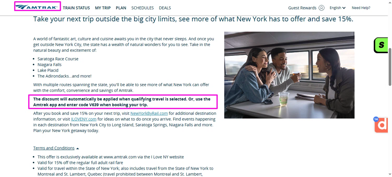 Amtrak promo code screenshot showing code V639 applied at Amtrak checkout page. Uploaded by SimplyCodes community member mrdarcy on Feb 8, 2026
