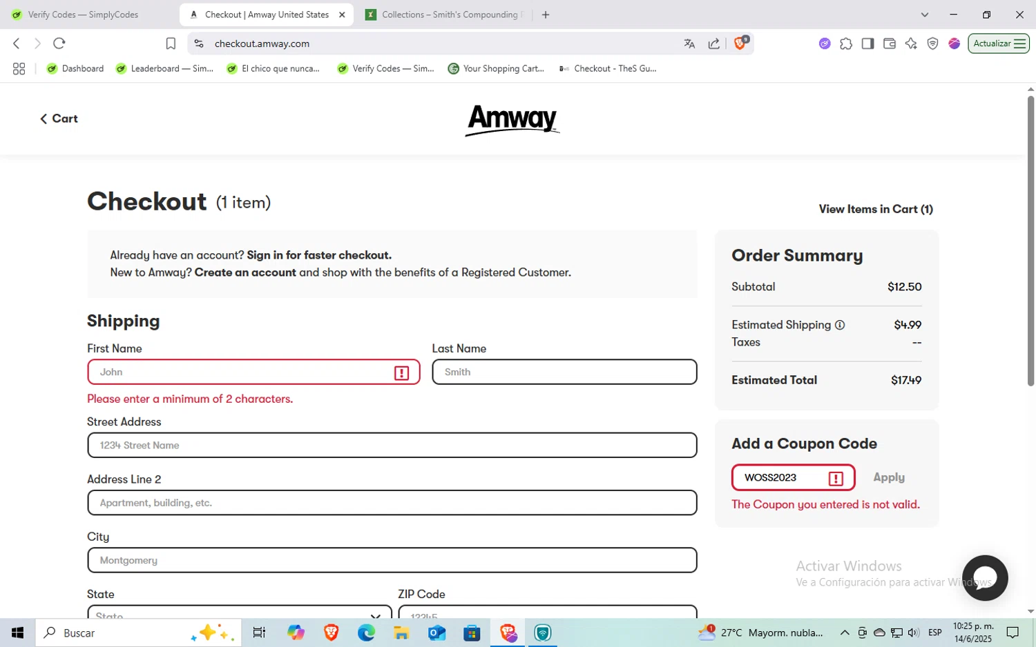 Amway coupon code screenshot showing code WOSS2023 applied at Amway checkout page. Uploaded by SimplyCodes community member Rayyyyyy on Jun 15, 2025