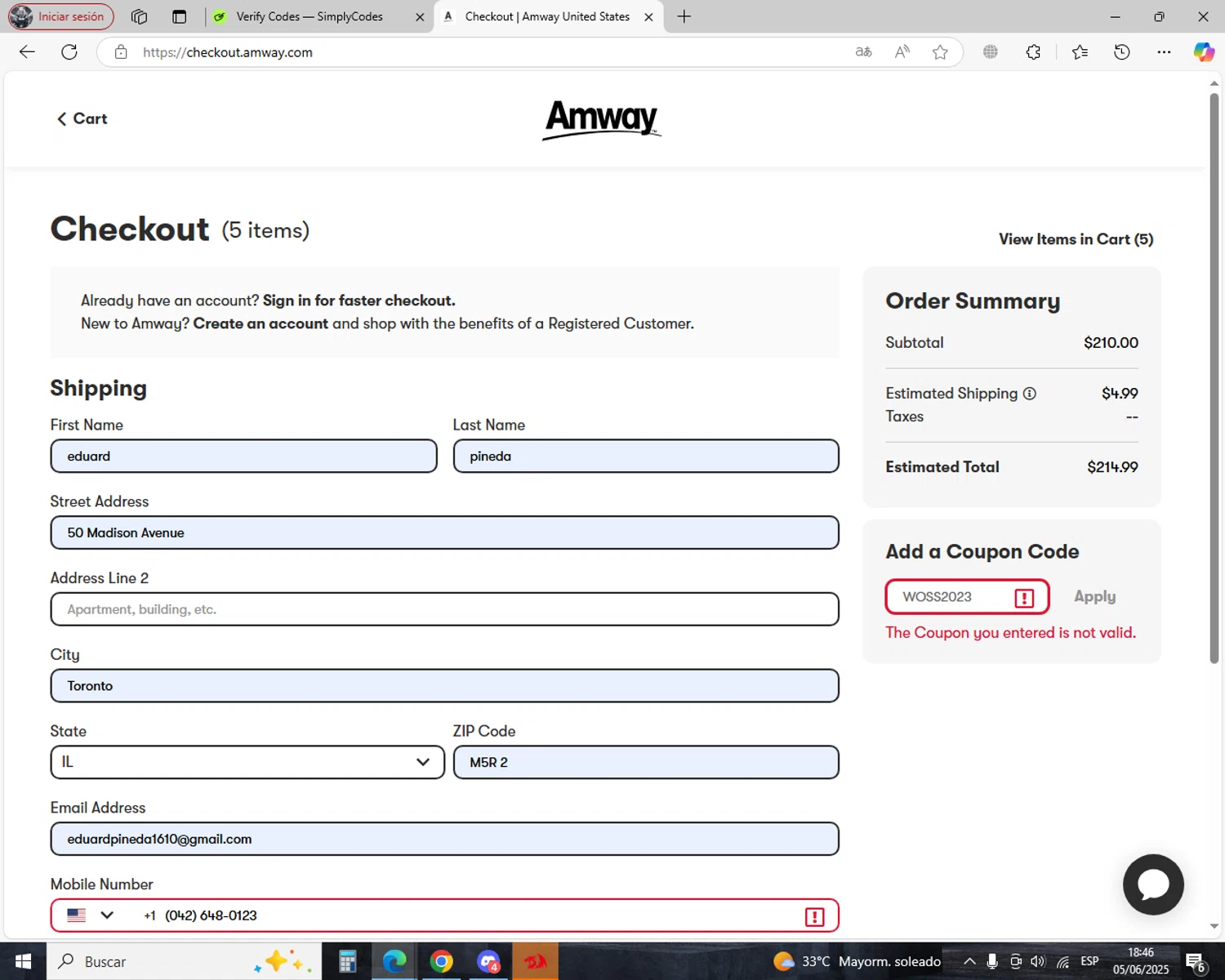Amway coupon code screenshot showing code WOSS2023 applied at Amway checkout page. Uploaded by SimplyCodes community member jhoanDepp on Jun 5, 2025