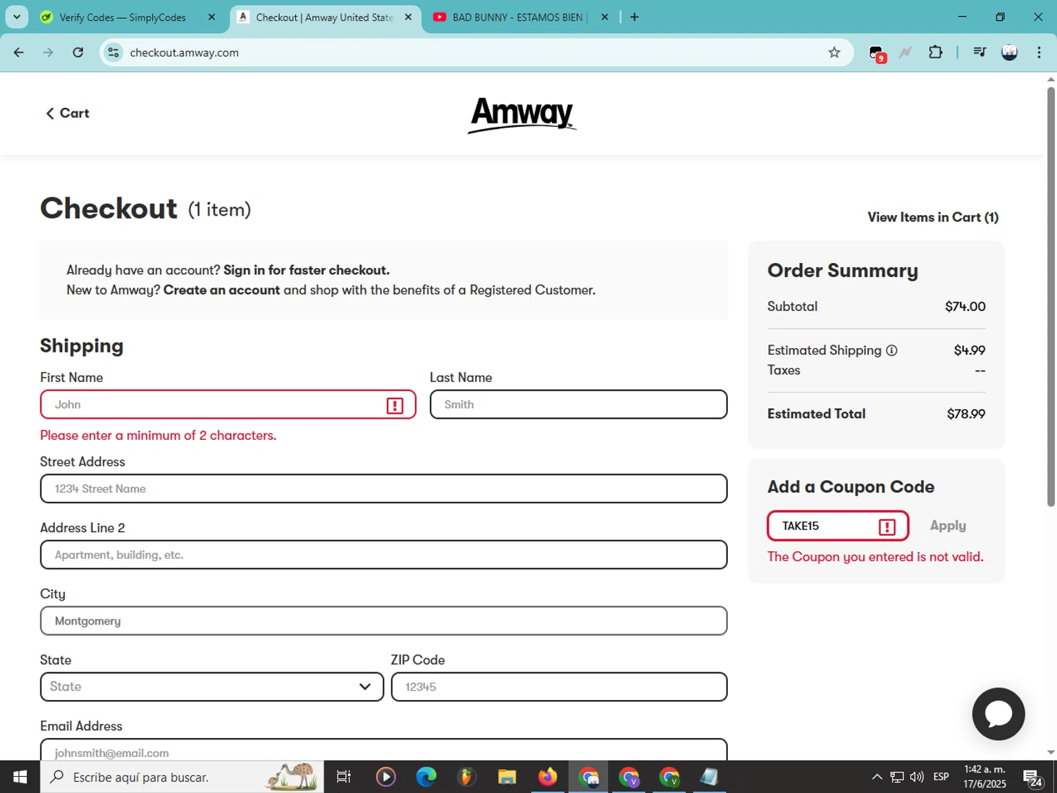 Amway coupon code screenshot showing code TAKE15 applied at Amway checkout page. Uploaded by SimplyCodes community member Soyvictor on Jun 17, 2025