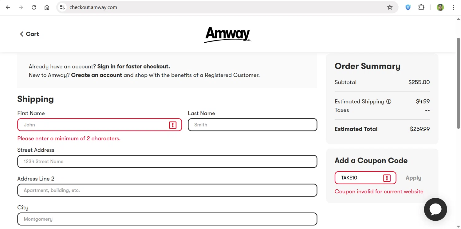 Amway coupon code screenshot showing code TAKE10 applied at Amway checkout page. Uploaded by SimplyCodes community member CleverPilot4885 on Jun 27, 2025