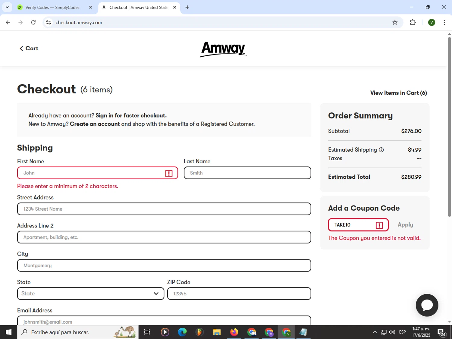 Amway coupon code screenshot showing code TAKE10 applied at Amway checkout page. Uploaded by SimplyCodes community member PrimeWizard4168 on Jun 17, 2025
