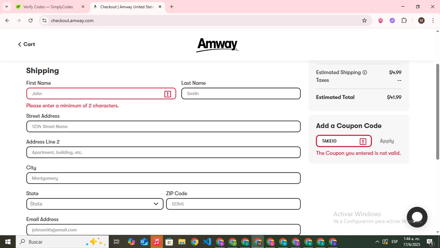 Amway coupon code screenshot showing code TAKE10 applied at Amway checkout page. Uploaded by SimplyCodes community member WonderWizard9060 on Jun 17, 2025