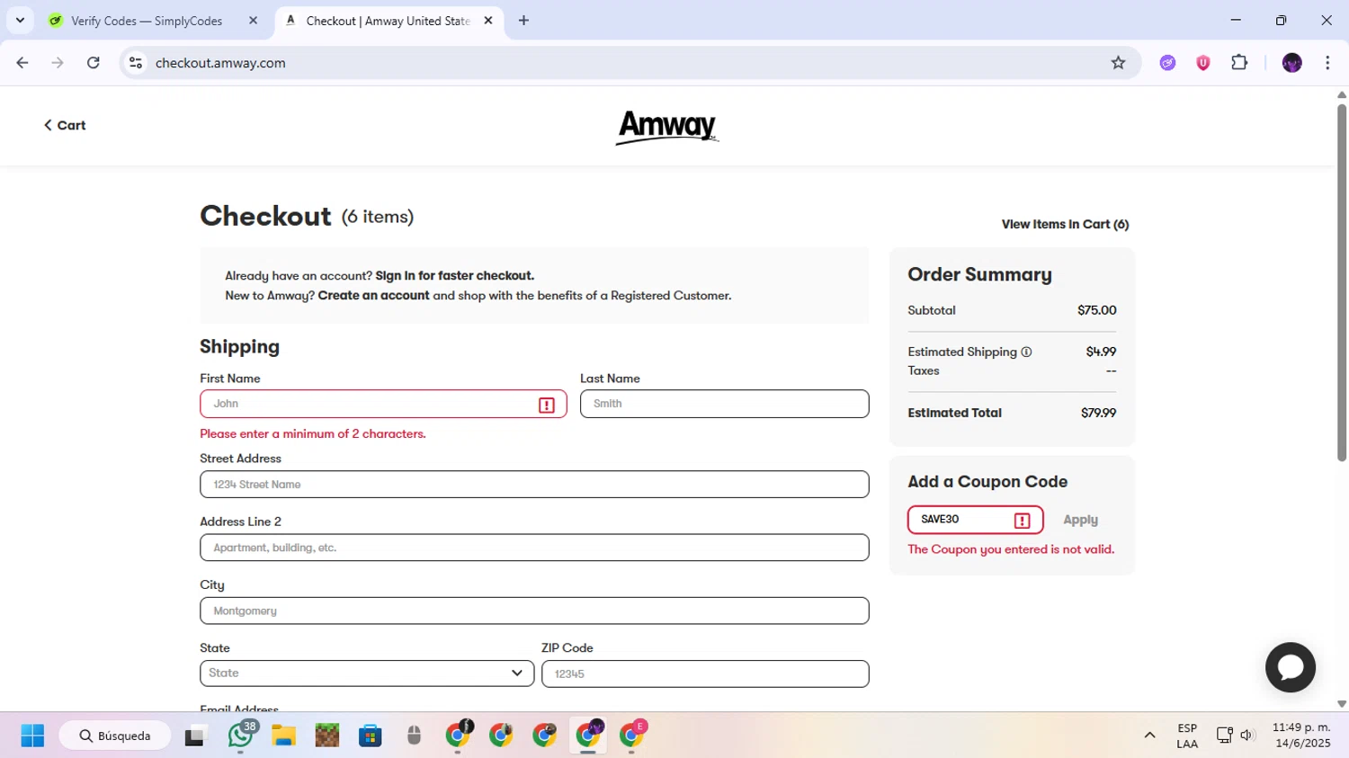 Amway coupon code screenshot showing code SAVE30 applied at Amway checkout page. Uploaded by SimplyCodes community member GloriousGuardian9063 on Jun 15, 2025
