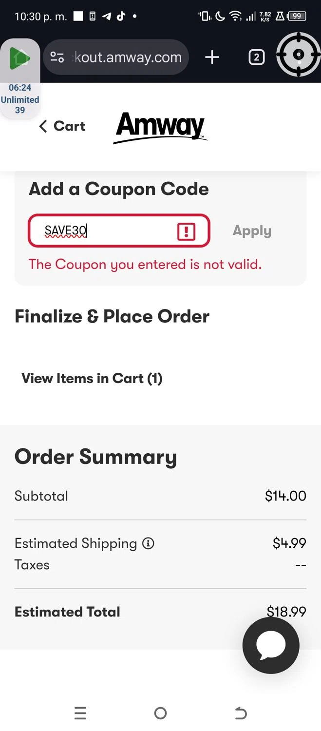 Amway coupon code screenshot showing code SAVE30 applied at Amway checkout page. Uploaded by SimplyCodes community member ScanWizard9437 on Jun 15, 2025