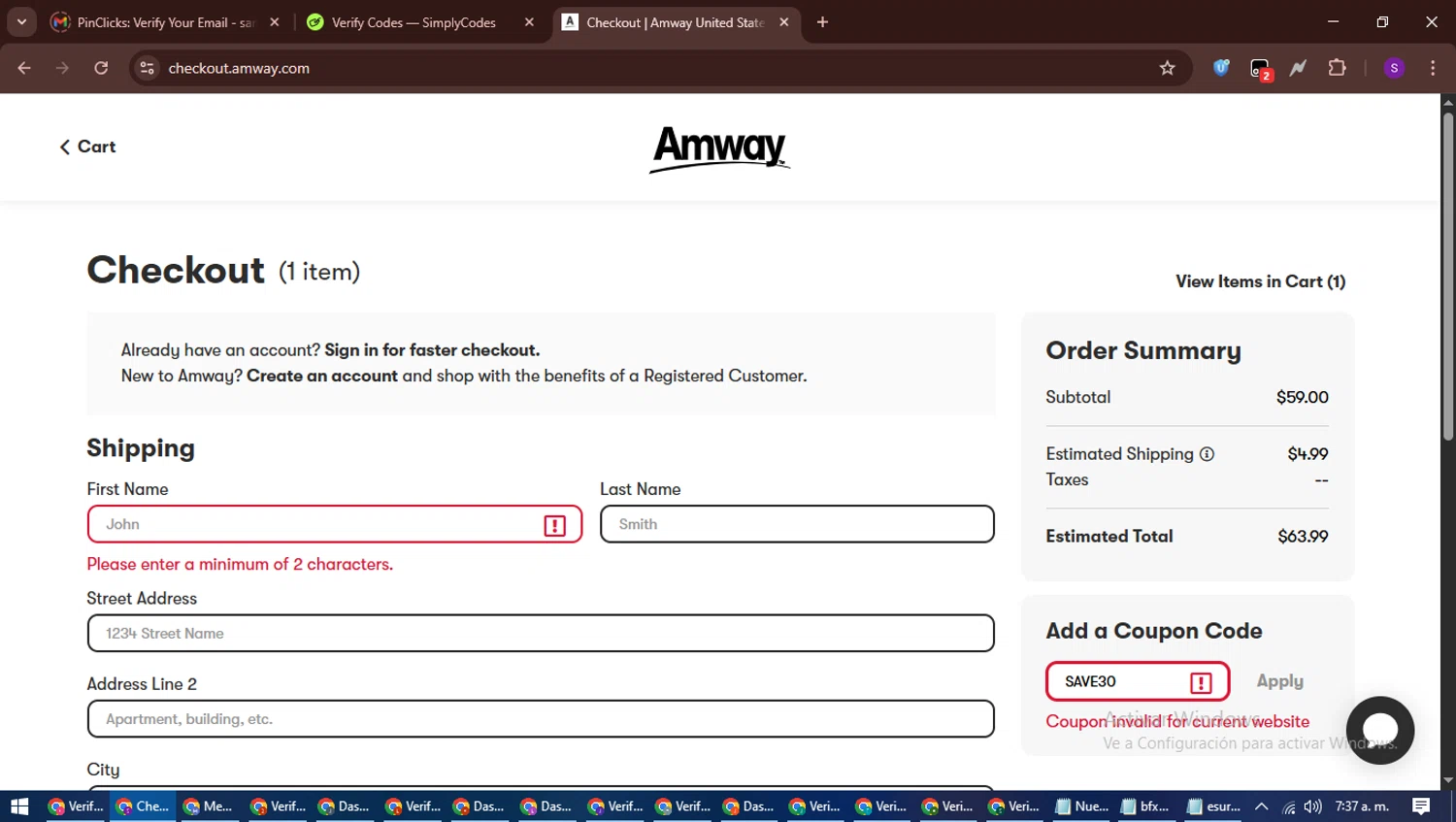 Amway coupon code screenshot showing code SAVE30 applied at Amway checkout page. Uploaded by SimplyCodes community member ShieldWarden7838 on Jun 27, 2025