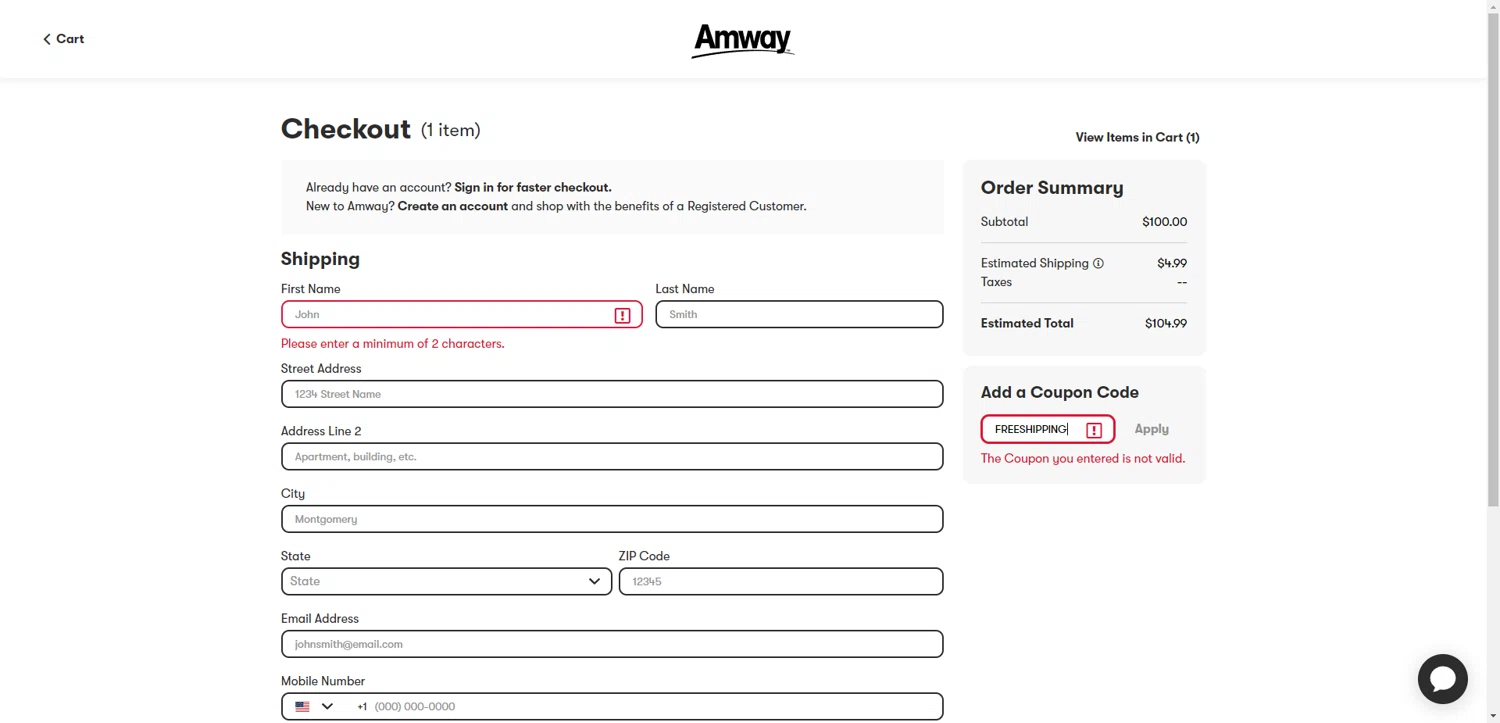 Amway coupon code screenshot showing code FREESHIPPING applied at Amway checkout page. Uploaded by SimplyCodes community member RewardTitan728 on Jun 6, 2025