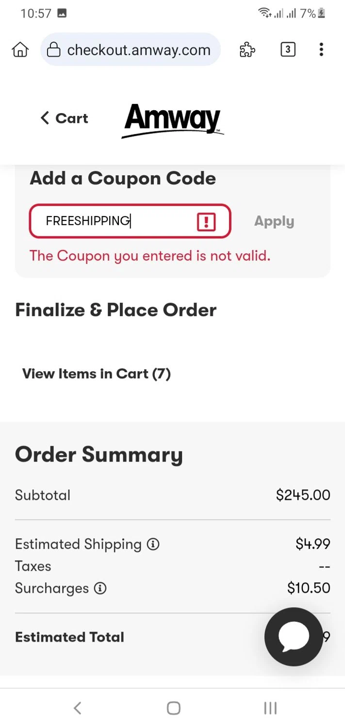 Amway coupon code screenshot showing code FREESHIPPING applied at Amway checkout page. Uploaded by SimplyCodes community member menotychire on Jun 6, 2025