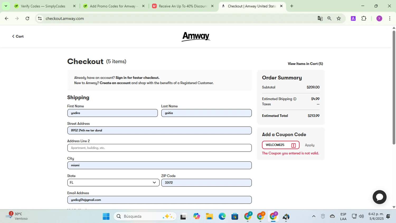 Amway coupon code screenshot showing code WELCOME25 applied at Amway checkout page. Uploaded by SimplyCodes community member yadicg054 on Jun 5, 2025