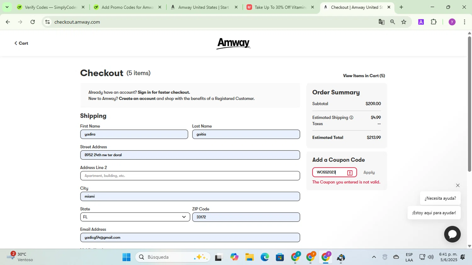 Amway coupon code screenshot showing code WOSS2023 applied at Amway checkout page. Uploaded by SimplyCodes community member yadicg054 on Jun 5, 2025