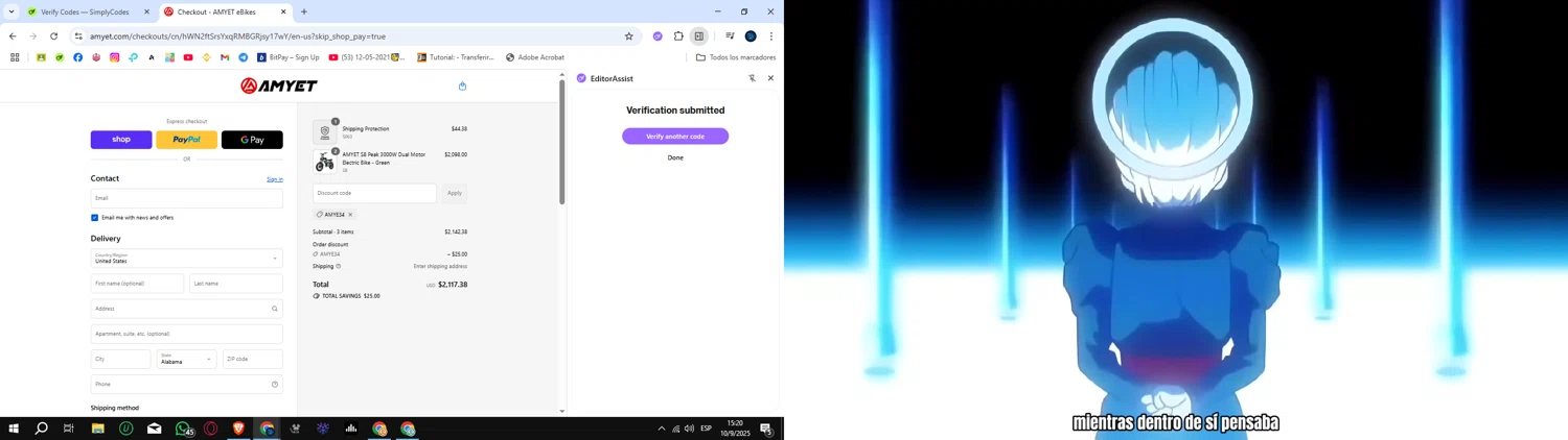 AMYET eBikes promo code screenshot showing code amye34 applied at AMYET eBikes checkout page. Uploaded by SimplyCodes community member SunJinWoo on Sep 10, 2025
