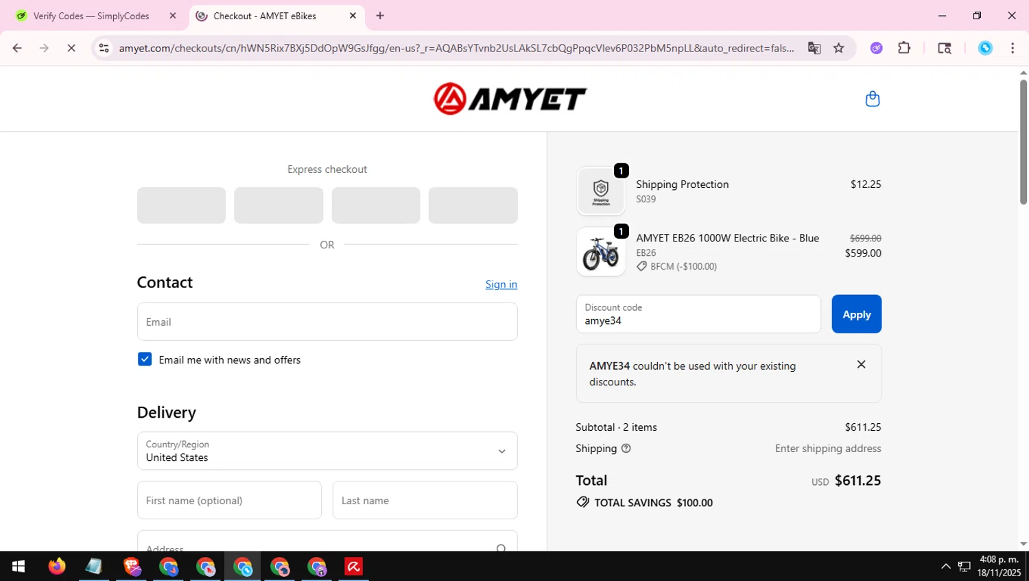 AMYET eBikes promo code screenshot showing code amye34 applied at AMYET eBikes checkout page. Uploaded by SimplyCodes community member fabianmartinez on Nov 18, 2025