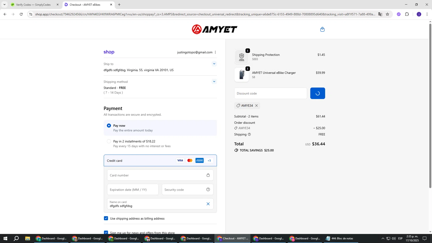 AMYET eBikes promo code screenshot showing code amye34 applied at AMYET eBikes checkout page. Uploaded by SimplyCodes community member simplycodesssss on Oct 17, 2025