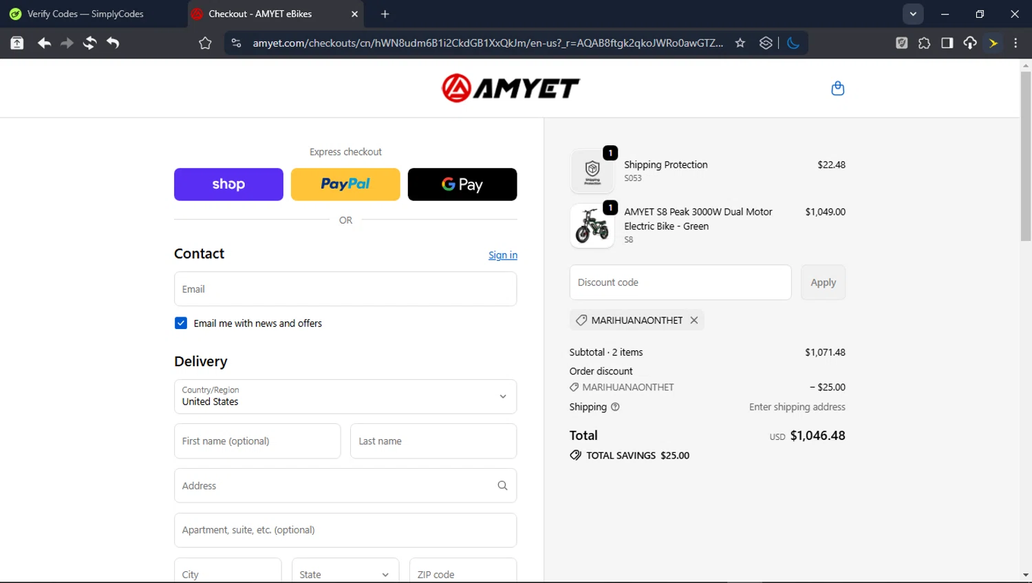 AMYET eBikes promo code screenshot showing code MARIHUANAONTHET applied at AMYET eBikes checkout page. Uploaded by SimplyCodes community member userrandon on Feb 18, 2026