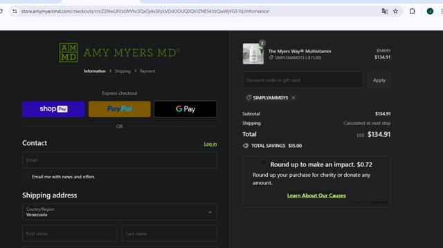 Amy Myers MD checkout page showing Amy Myers MD promo code box | Screenshot taken by SimplyCodes community member on Jun 5, 2024