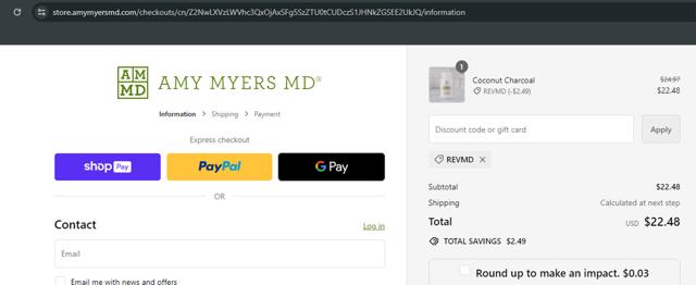 Amy Myers MD checkout page showing Amy Myers MD promo code box | Screenshot taken by SimplyCodes community member on May 7, 2024