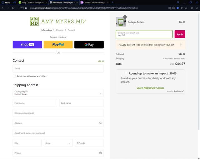 Amy Myers MD checkout page showing Amy Myers MD promo code box | Screenshot taken by SimplyCodes community member on May 8, 2024