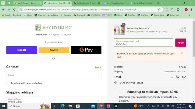 Amy Myers MD checkout page showing Amy Myers MD promo code box | Screenshot taken by SimplyCodes community member on May 17, 2024