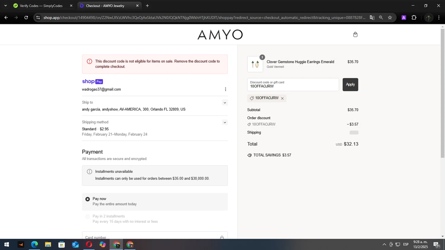 AMY O Jewelry discount code screenshot showing code 10OFFAOJRW applied at AMY O Jewelry checkout page. Uploaded by SimplyCodes community member Andy2323 on Feb 13, 2025