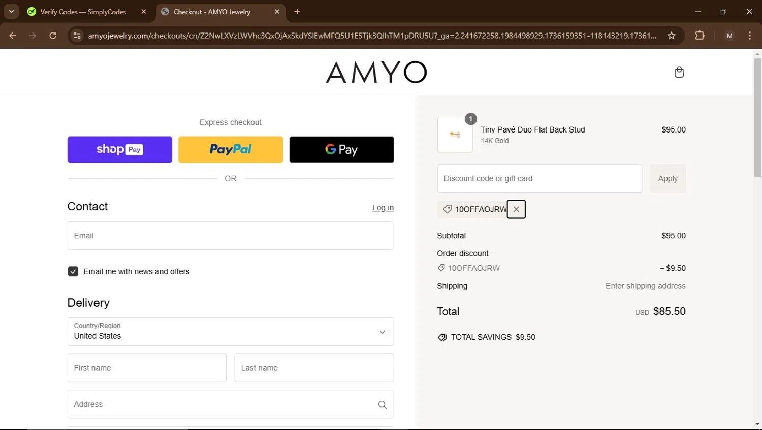 AMY O Jewelry discount code screenshot showing code 10OFFAOJRW applied at AMY O Jewelry checkout page. Uploaded by SimplyCodes community member Carrillojose on Jan 6, 2025