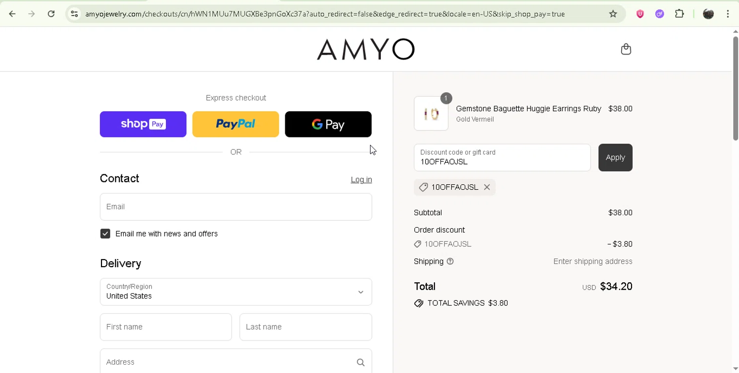 AMY O Jewelry discount code screenshot showing code 10OFFAOJSL applied at AMY O Jewelry checkout page. Uploaded by SimplyCodes community member Jesusvasquezzz on Aug 3, 2025