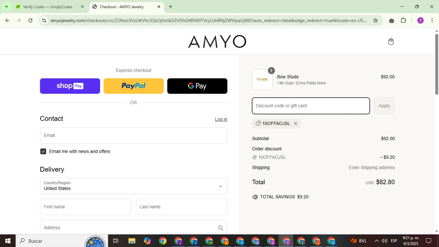 AMY O Jewelry discount code screenshot showing code 10OFFAOJSL applied at AMY O Jewelry checkout page. Uploaded by SimplyCodes community member ThriftyCurator4085 on Mar 10, 2025