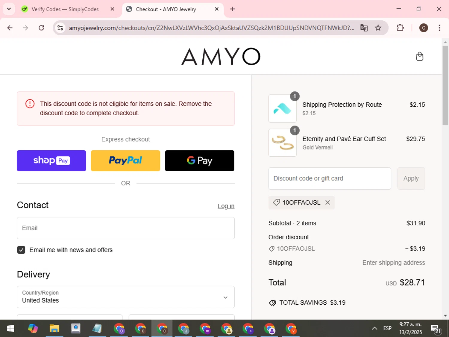 AMY O Jewelry discount code screenshot showing code 10OFFAOJSL applied at AMY O Jewelry checkout page. Uploaded by SimplyCodes community member WonderCurator7831 on Feb 13, 2025