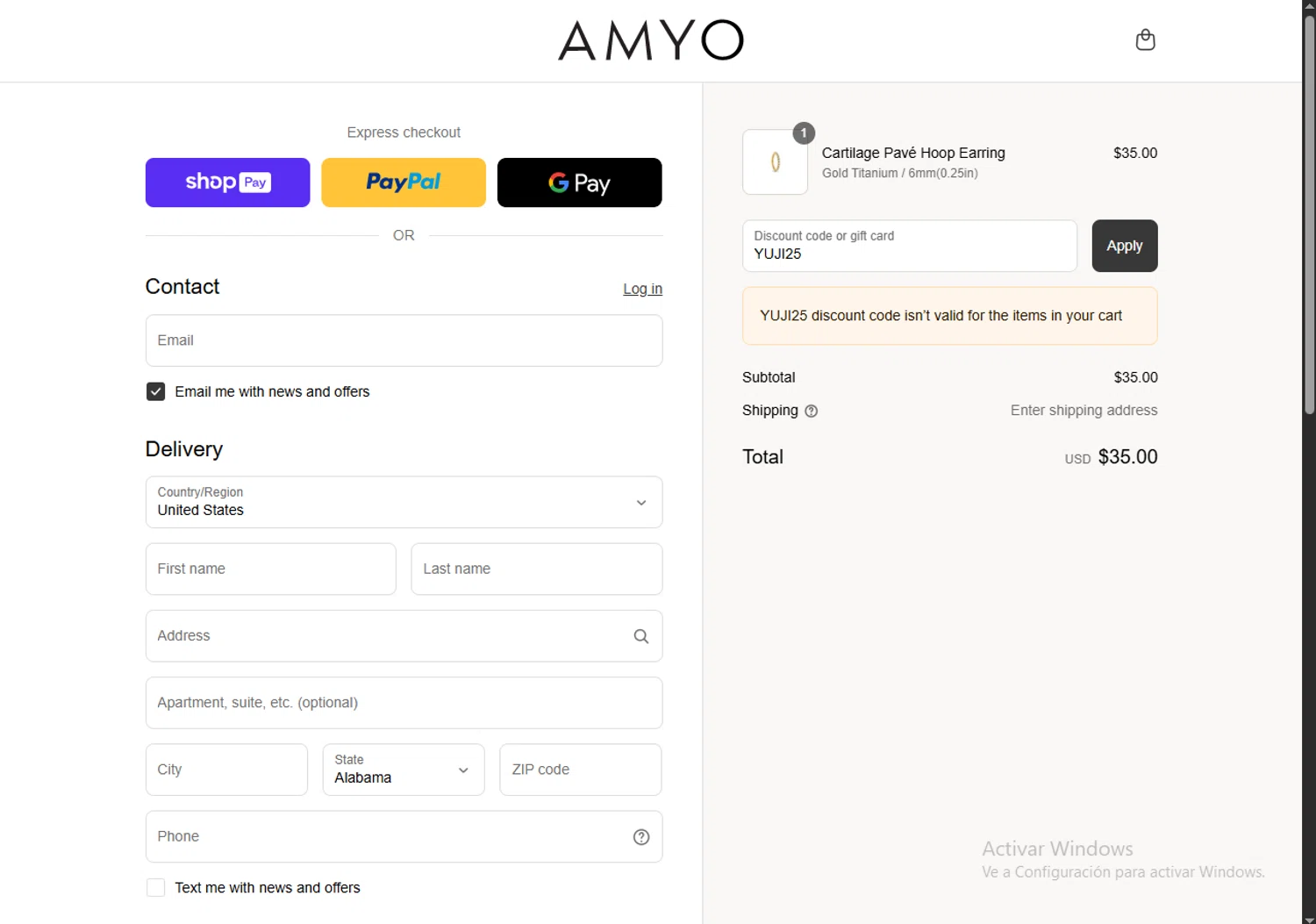 AMY O Jewelry discount code screenshot showing code YUJI25 applied at AMY O Jewelry checkout page. Uploaded by SimplyCodes community member RewardPhoenix3732 on Aug 23, 2025