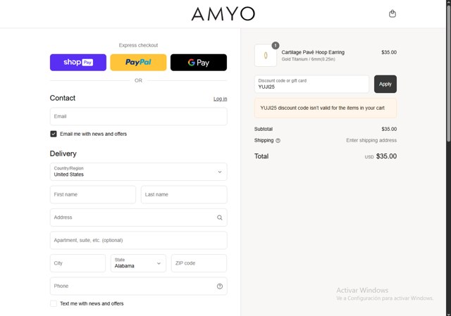 AMY O Jewelry checkout page showing AMY O Jewelry discount code box | Screenshot taken by SimplyCodes community member on Aug 23, 2025