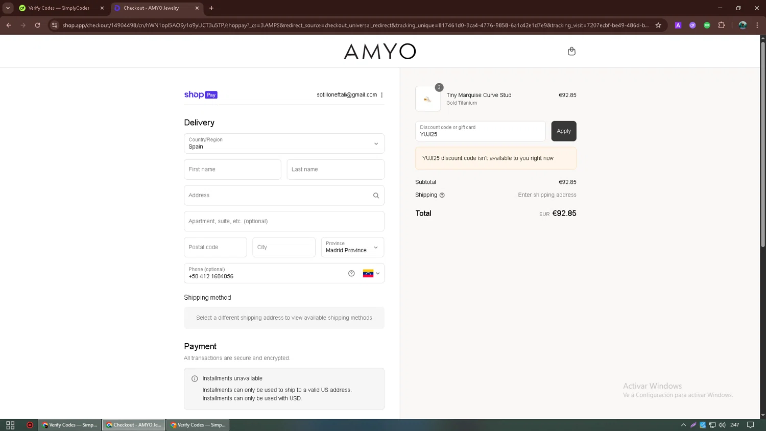 AMY O Jewelry discount code screenshot showing code YUJI25 applied at AMY O Jewelry checkout page. Uploaded by SimplyCodes community member neurioandrades on Aug 15, 2025