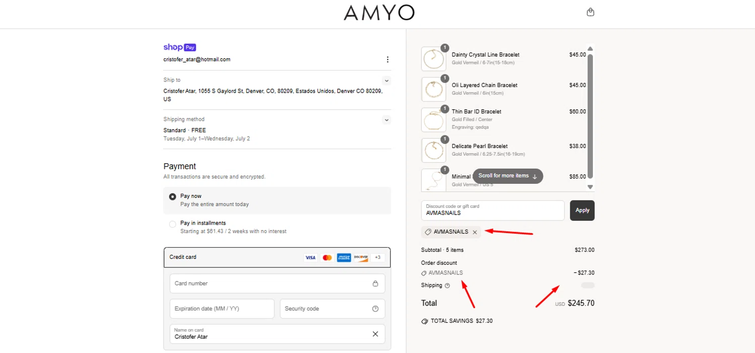 AMY O Jewelry discount code screenshot showing code AVMASNAILS applied at AMY O Jewelry checkout page. Uploaded by SimplyCodes community member DavGutFig on Jun 24, 2025