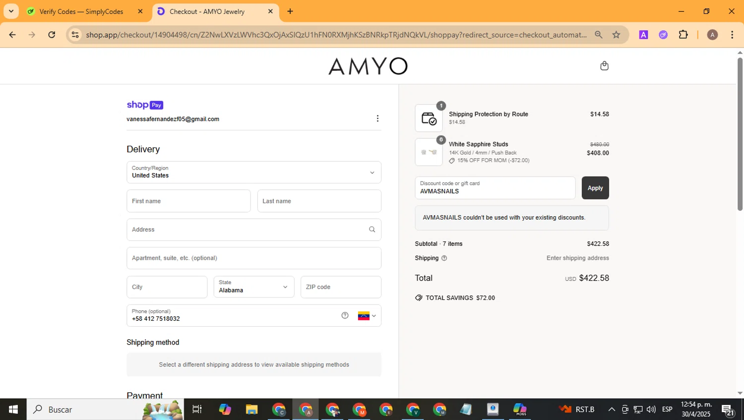 AMY O Jewelry discount code screenshot showing code AVMASNAILS applied at AMY O Jewelry checkout page. Uploaded by SimplyCodes community member CoinHunter8661 on Apr 30, 2025