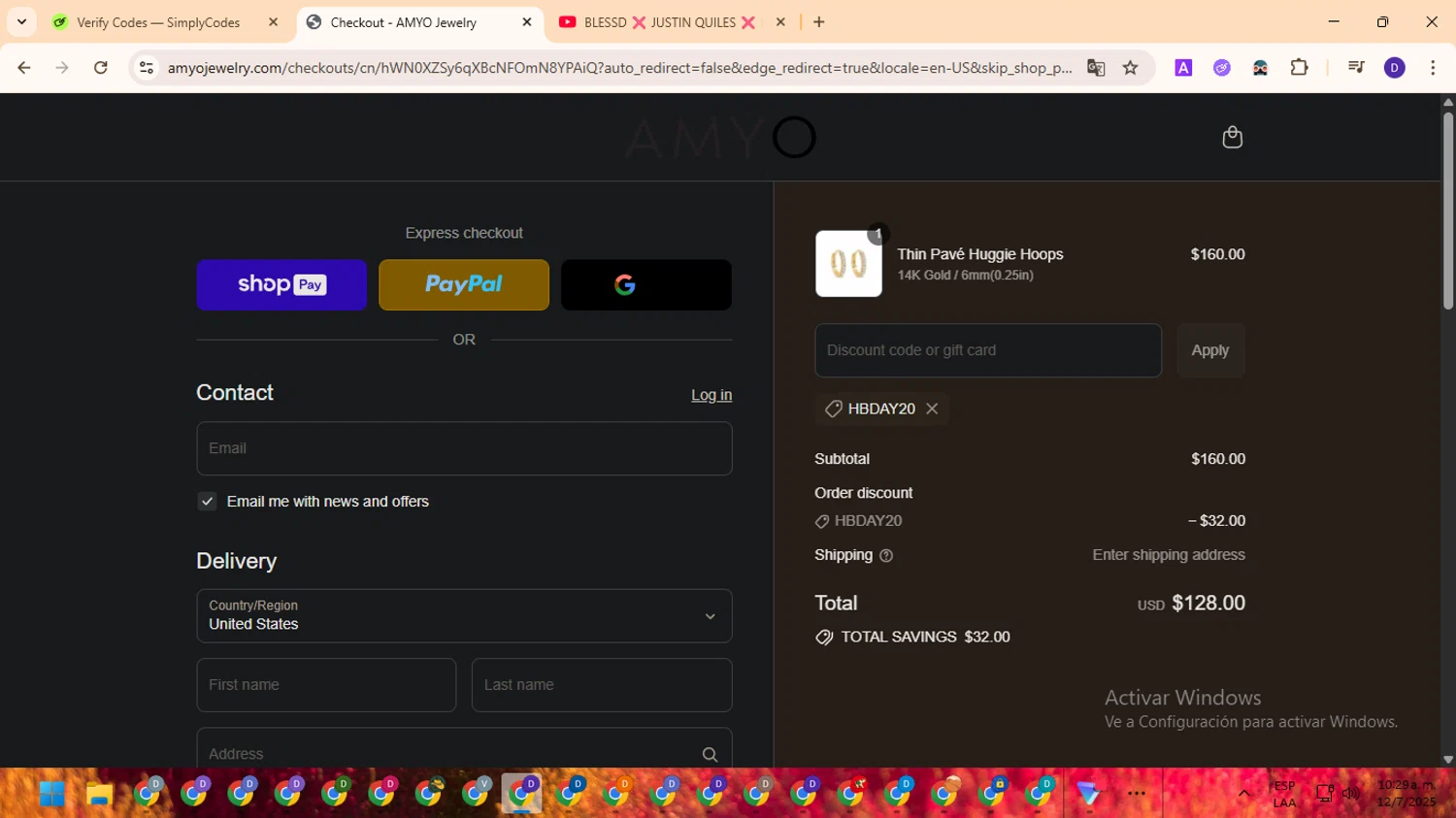 AMY O Jewelry discount code screenshot showing code HBDAY20 applied at AMY O Jewelry checkout page. Uploaded by SimplyCodes community member MagnificentFinder9583 on Jul 12, 2025