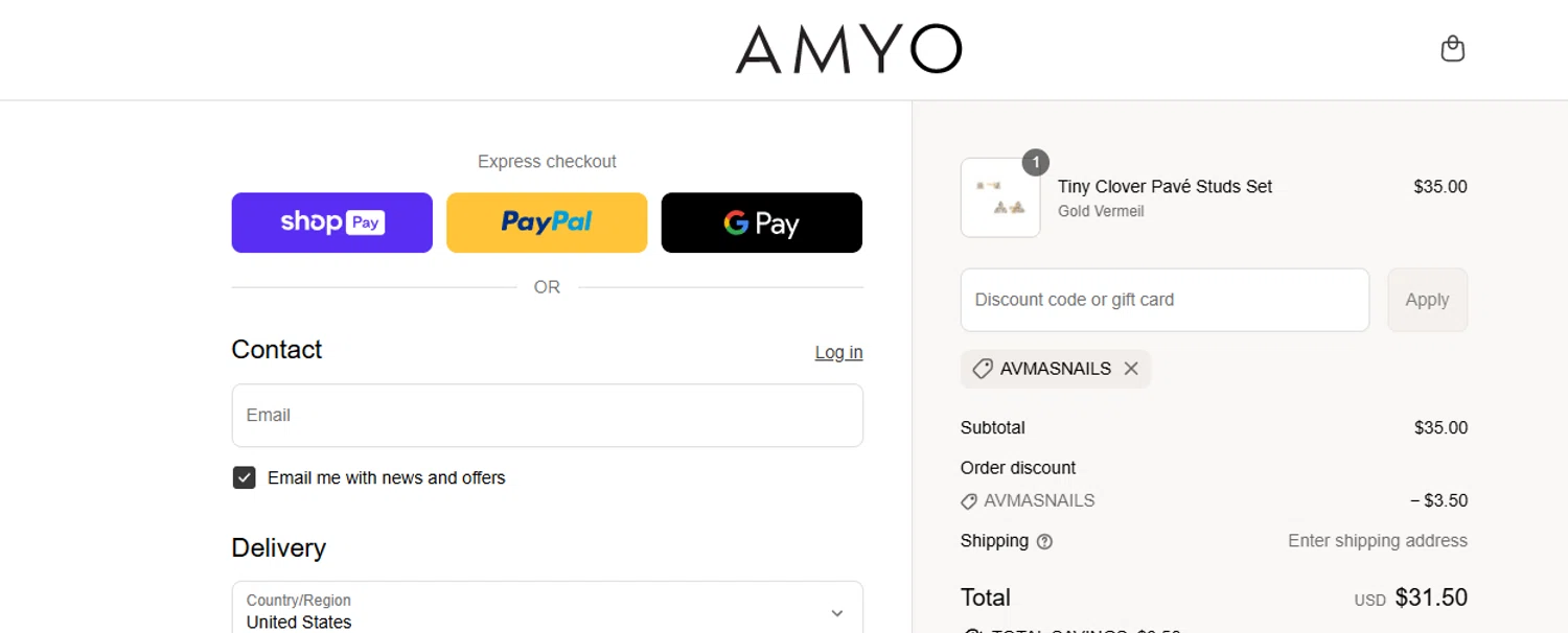 AMY O Jewelry discount code screenshot showing code AVMASNAILS applied at AMY O Jewelry checkout page. Uploaded by SimplyCodes community member ashe1986 on Aug 14, 2025
