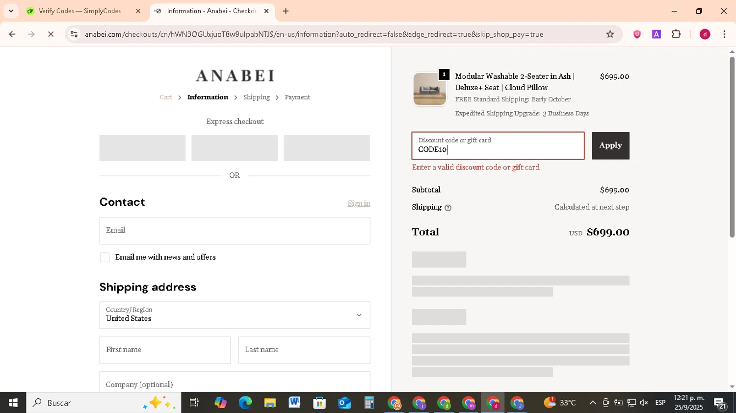 Anabei discount code screenshot showing code CODE10 applied at Anabei checkout page. Uploaded by SimplyCodes community member FrugalMonarch7277 on Sep 25, 2025