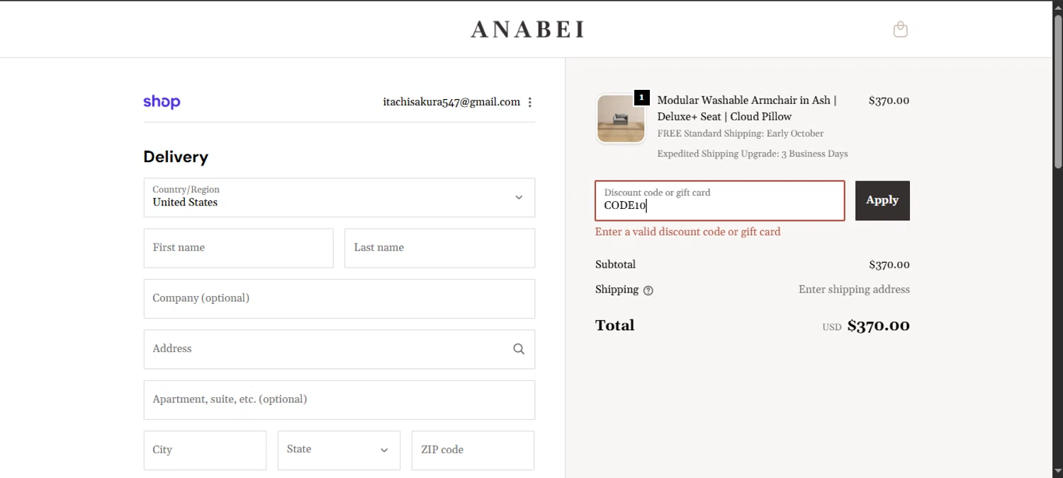 Anabei discount code screenshot showing code CODE10 applied at Anabei checkout page. Uploaded by SimplyCodes community member noworries on Sep 25, 2025