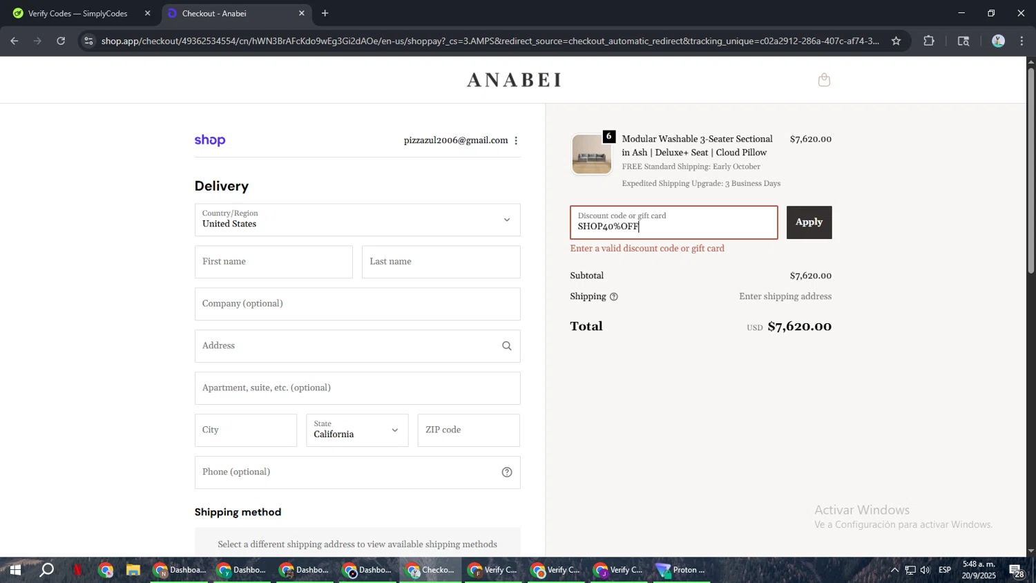 Anabei discount code screenshot showing code SHOP40%OFF applied at Anabei checkout page. Uploaded by SimplyCodes community member ShrewdSeeker6165 on Sep 20, 2025