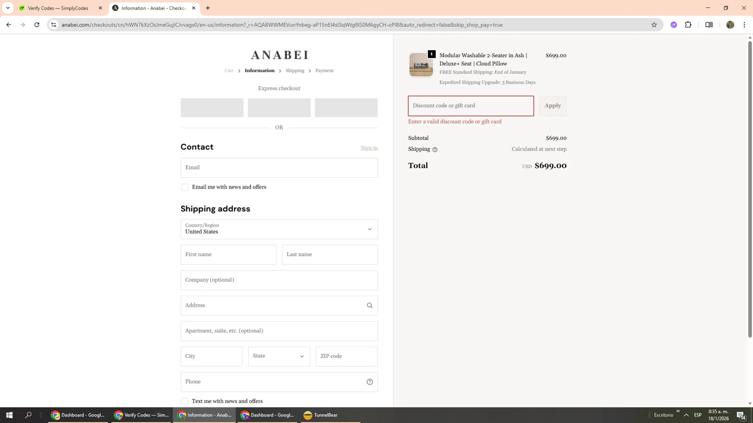 Anabei discount code screenshot showing code NOW40%OFF applied at Anabei checkout page. Uploaded by SimplyCodes community member Phoenix585 on Jan 18, 2026
