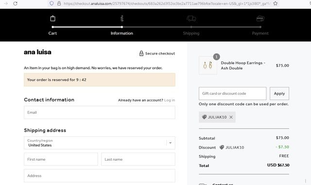 Ana Luisa checkout page showing Ana Luisa discount code box | Screenshot taken by SimplyCodes community member on Oct 28, 2022