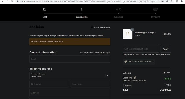 Ana Luisa checkout page showing Ana Luisa discount code box | Screenshot taken by SimplyCodes community member on Oct 28, 2022