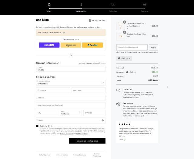 Ana Luisa checkout page showing Ana Luisa discount code box | Screenshot taken by SimplyCodes community member on Nov 6, 2022
