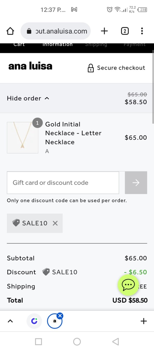 Ana Luisa checkout page showing Ana Luisa discount code box | Screenshot taken by SimplyCodes community member on Nov 6, 2022