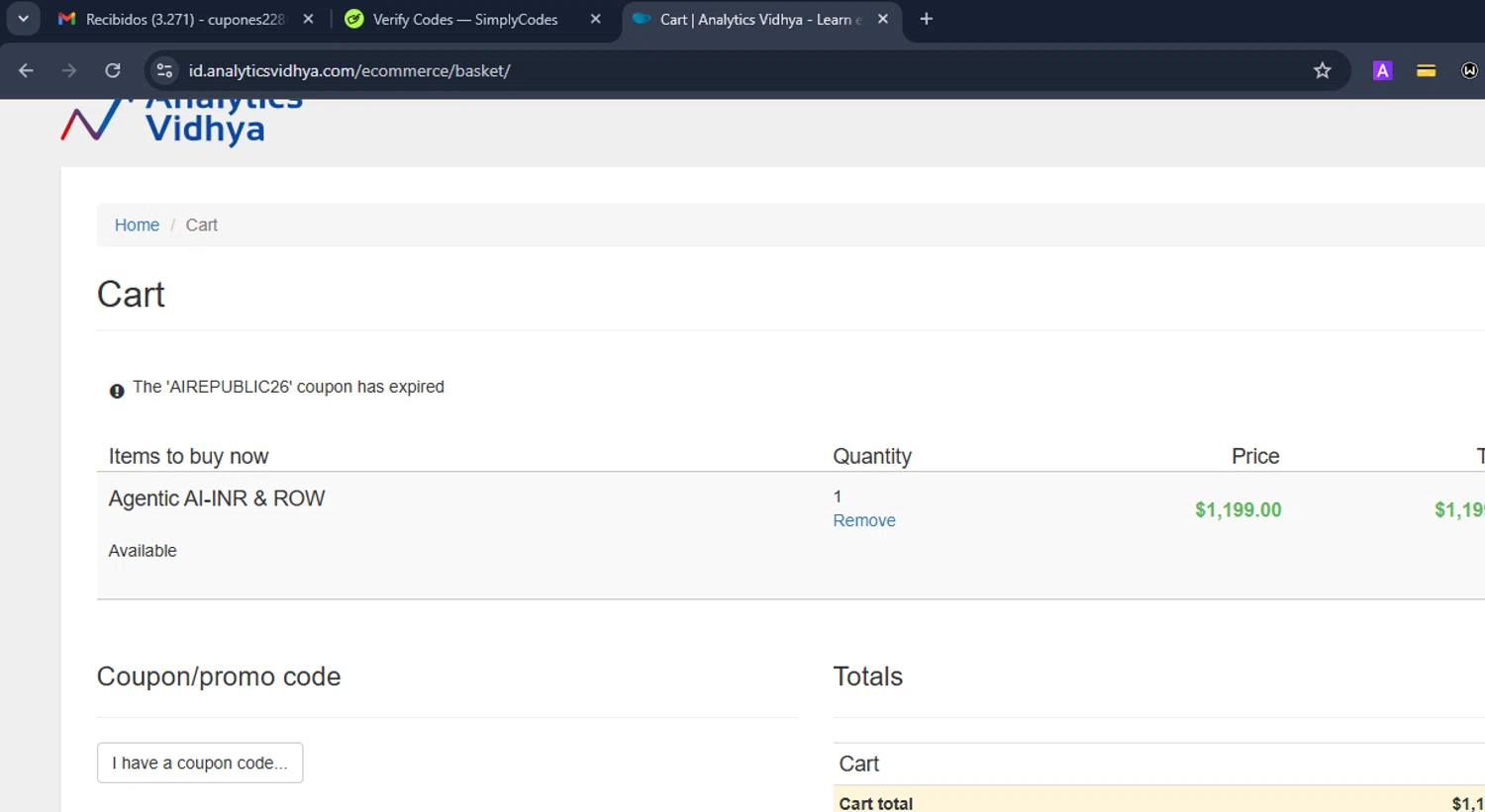 Analytics Vidhya coupon code screenshot showing code AIREPUBLIC26 applied at Analytics Vidhya checkout page. Uploaded by SimplyCodes community member Eduard on May 21, 2025