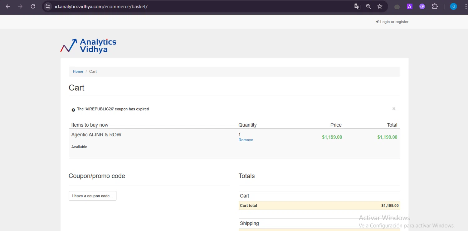 Analytics Vidhya coupon code screenshot showing code AIREPUBLIC26 applied at Analytics Vidhya checkout page. Uploaded by SimplyCodes community member GloriousWizard8260 on May 21, 2025