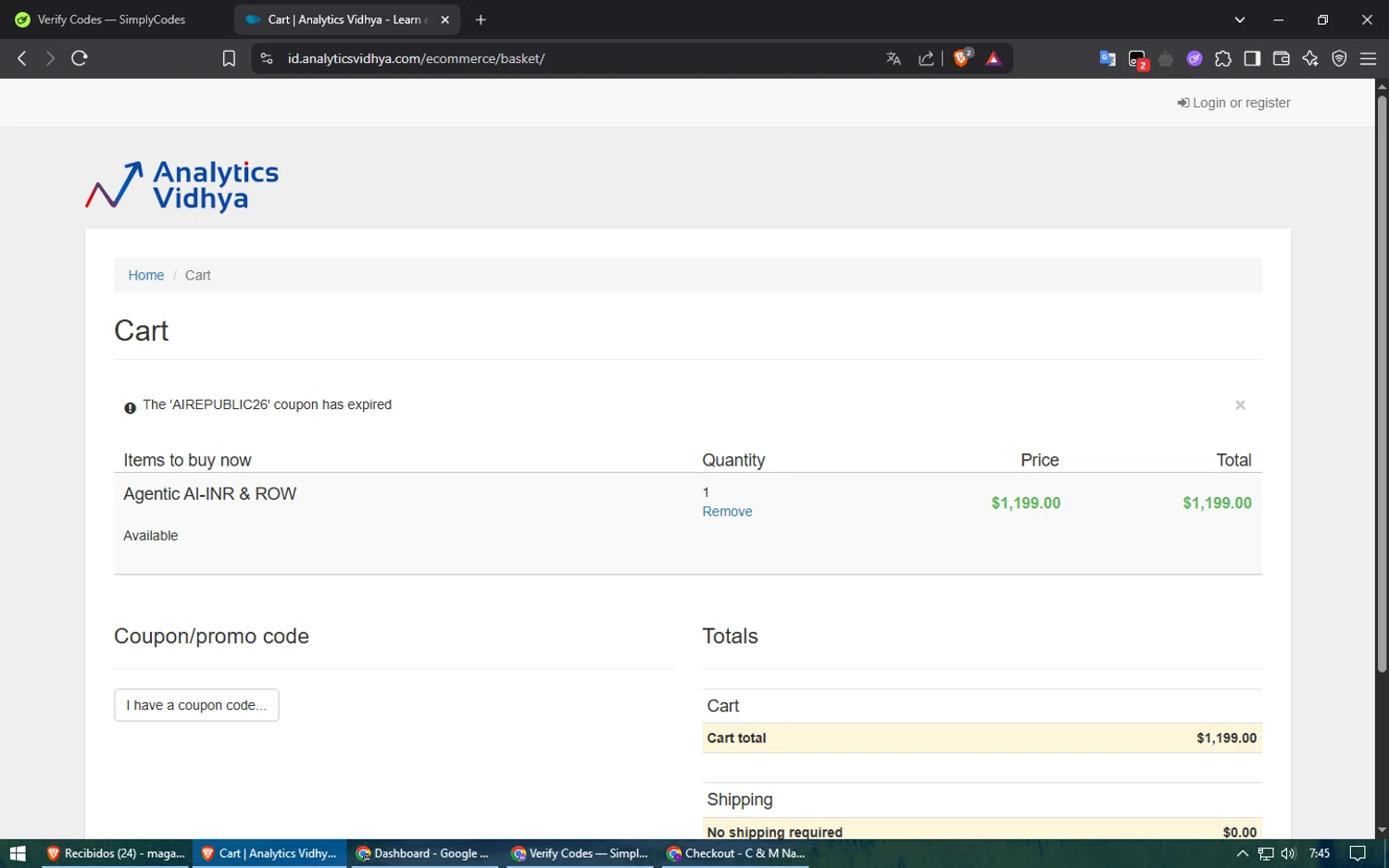 Analytics Vidhya coupon code screenshot showing code AIREPUBLIC26 applied at Analytics Vidhya checkout page. Uploaded by SimplyCodes community member ShieldElite2370 on May 21, 2025